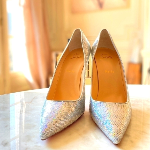 Christian Louboutin Silver Shoes Kate 100 Paill Hotfix Heels Size 41 Pumps - Picture 2 of 13
